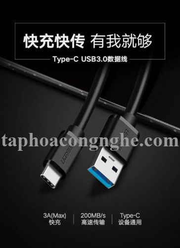 Ugreen 20881 0.5M màu đen Cáp dữ liệu USB 3.0 sang Type-C truyền dữ liệu từ máy tính ra điện thoại dài US184 30020881